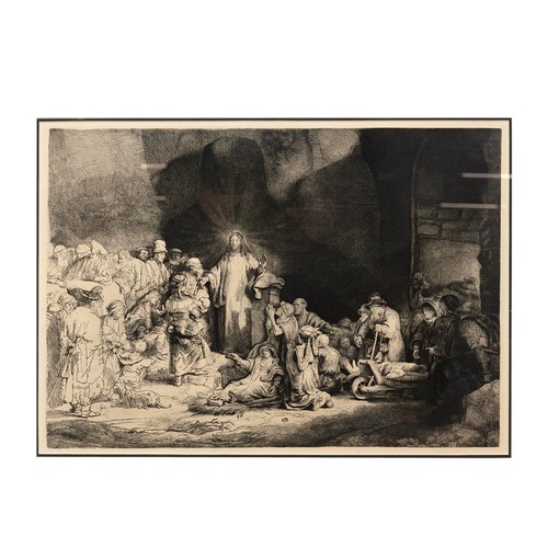 238 - A 19th century etching depicting Jesus at a gathering 40cm x 28cm, a coloured framed and glazed etch... 