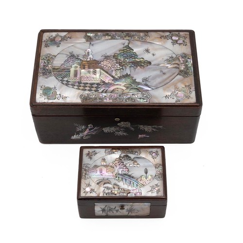 246 - Two Chinese mother of pearl caskets. Each with a hardwood body, push button lock/opener, profusely i... 