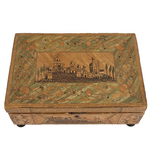 263 - Napoleonic Prisoner of War straw work box, early 19th Century. Exterior with images of towns and bui... 