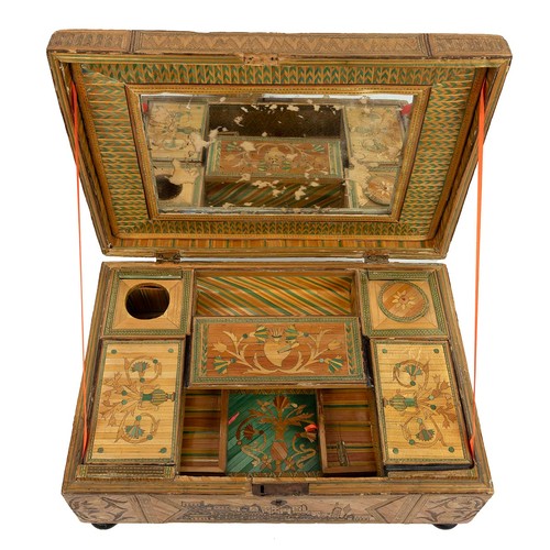 263 - Napoleonic Prisoner of War straw work box, early 19th Century. Exterior with images of towns and bui... 