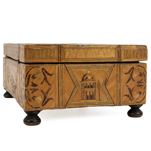 263 - Napoleonic Prisoner of War straw work box, early 19th Century. Exterior with images of towns and bui... 