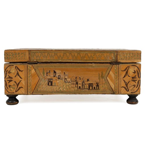 263 - Napoleonic Prisoner of War straw work box, early 19th Century. Exterior with images of towns and bui... 