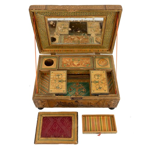 263 - Napoleonic Prisoner of War straw work box, early 19th Century. Exterior with images of towns and bui... 