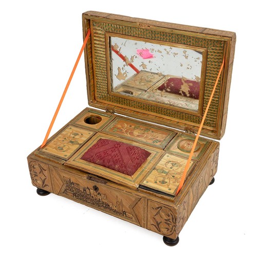 263 - Napoleonic Prisoner of War straw work box, early 19th Century. Exterior with images of towns and bui... 