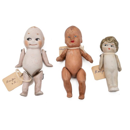 312 - Small vintage dolls. Includes: a peg doll, c1900; 2x Kewpie style dolls, c1920s, a composition doll'... 