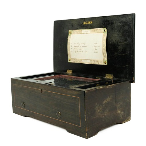 340 - 19th Century Swiss music box, in rosewood case and playing 4 airs (including the Blue Danube) on a 5... 