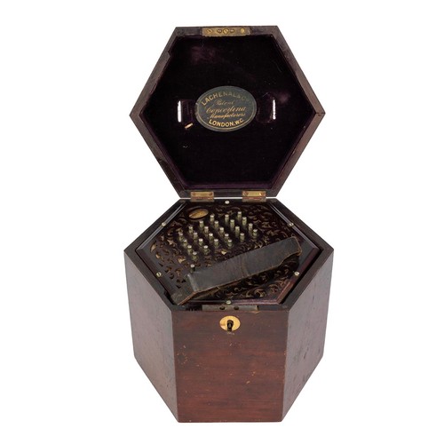 343 - Concertina with box, Lachenal & Co, London, 19th Century. Mahogany case, mahogany hexagonal ends... 