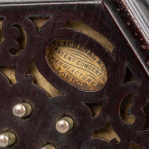 343 - Concertina with box, Lachenal & Co, London, 19th Century. Mahogany case, mahogany hexagonal ends... 