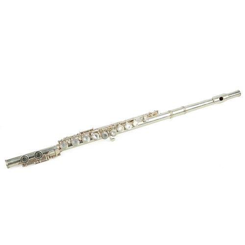 344 - Gemeinhardt flute (reg number 72SP S/E) in lined hardshell case and soft carry case. L 67cm.