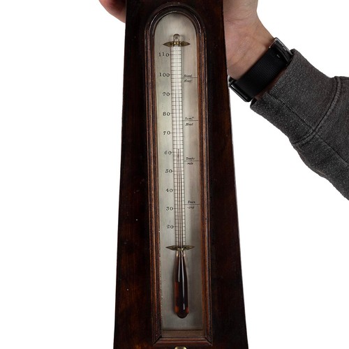 359 - Early 19th century mercury banjo barometer in mahogany case with domed glass brass framed window to ... 