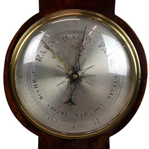 359 - Early 19th century mercury banjo barometer in mahogany case with domed glass brass framed window to ... 