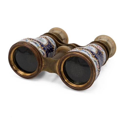 360 - French Theatre glasses, c1870s. Gilt brass body with mother of pearl eye pieces and adjustor. Enamel... 