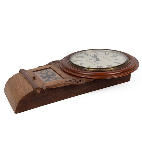 391 - Drop Dial Wall Clock in Walnut & Mahogany, the enamelled dial with Rpman numerals and  marked J.... 