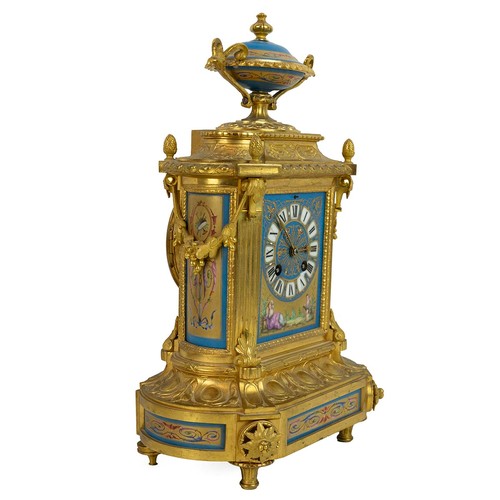 392 - Japy Freres of Paris late 19th century gilt metal & enamel 8 day two train mantle clock chiming ... 