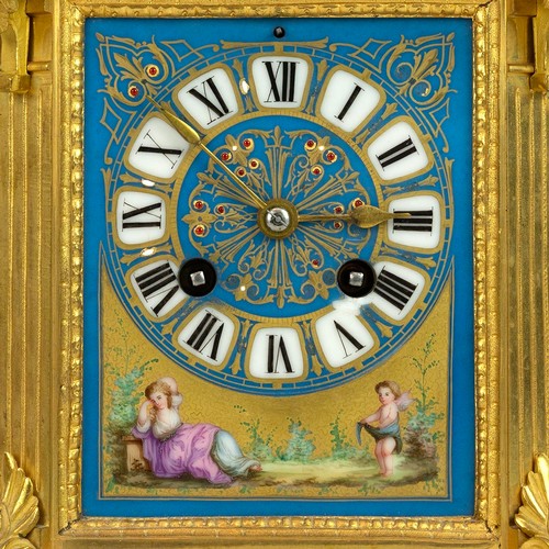 392 - Japy Freres of Paris late 19th century gilt metal & enamel 8 day two train mantle clock chiming ... 