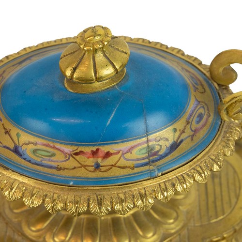 392 - Japy Freres of Paris late 19th century gilt metal & enamel 8 day two train mantle clock chiming ... 