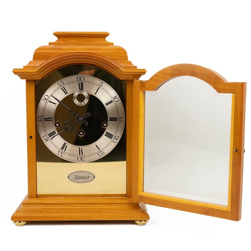 393 - Kieninger 3 train clock mantel clock in light hardwood case, brass dial with silvered chapter ring a... 