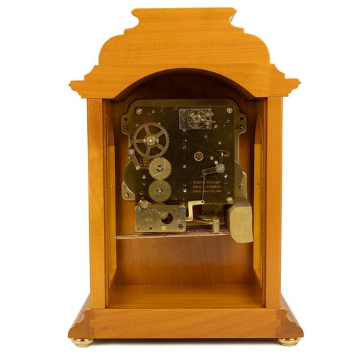 393 - Kieninger 3 train clock mantel clock in light hardwood case, brass dial with silvered chapter ring a... 