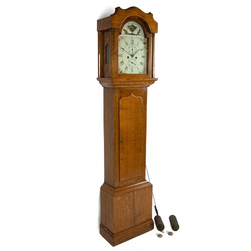 398 - Oak longcase eight day clock with painted arched 12 inch dial, floral motifs and stylised bird and t... 