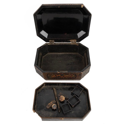 401 - Chinoiserie lacquered sewing box, 19th Century. Gilt and red ground decoration to exterior, opens to... 