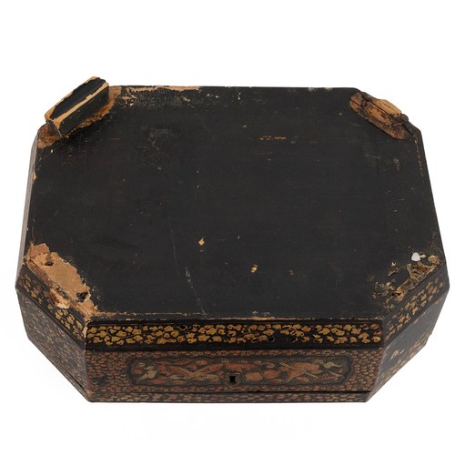 401 - Chinoiserie lacquered sewing box, 19th Century. Gilt and red ground decoration to exterior, opens to... 