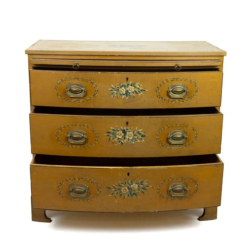 412 - Original paint Victorian bow front chest of drawers, c1870s. Bracket feet, three graduated drawers w... 