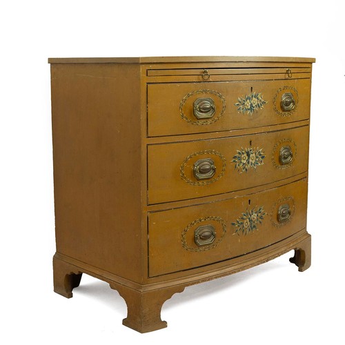 412 - Original paint Victorian bow front chest of drawers, c1870s. Bracket feet, three graduated drawers w... 