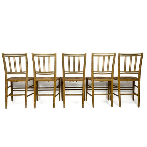 414 - Original paint Regency side chairs, c1820s. Beech frames with rush seat to each. Yellow ochre ground... 