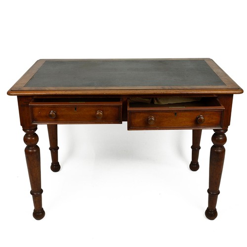 418 - Victorian Mahogany desk, 19th Century. Turned legs with two drawers, oilcloth to top. W 108cm, D67cm... 