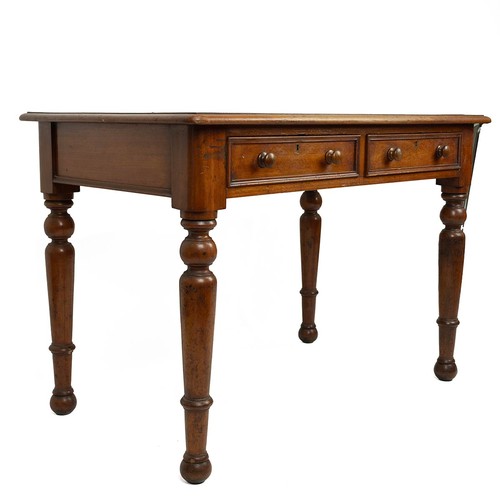 418 - Victorian Mahogany desk, 19th Century. Turned legs with two drawers, oilcloth to top. W 108cm, D67cm... 