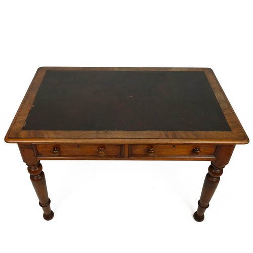 418 - Victorian Mahogany desk, 19th Century. Turned legs with two drawers, oilcloth to top. W 108cm, D67cm... 