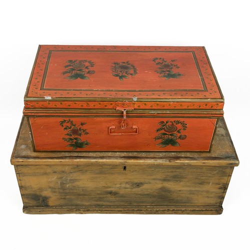 420 - Trunks. Stripped pine trunk, late 19th century, painted iron handle to side. W 98cm, D 48cm, H 38cm.... 