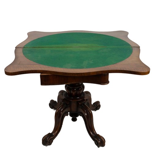 425 - 19th century walnut and mahogany fold over demi-lune card table. The walnut serpentine swivel  top, ... 