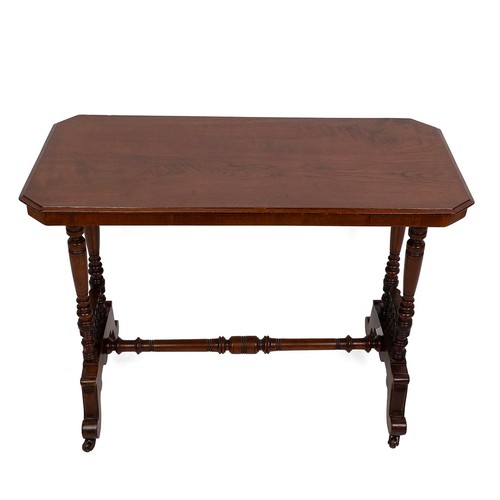 427 - Mahogany hall table, late Victorian. Turned supports and spindle decoration, shaped legs with castor... 