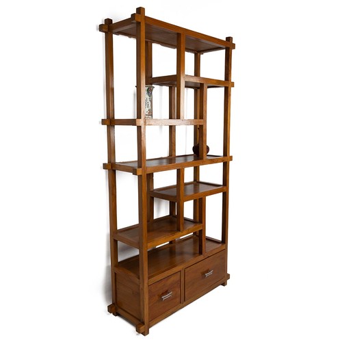 428 - Chinese cherry wood open display stand with six assorted segmented shelves all united by square supp... 