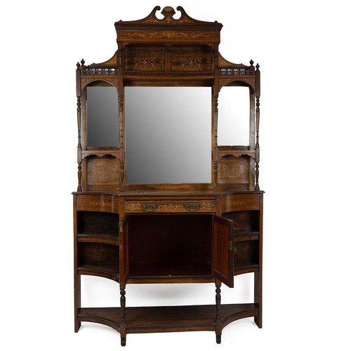 439 - An Edwardian inlaid Sheraton Revival Rosewood  Chiffonier. With open swan deck pediment above a gall... 