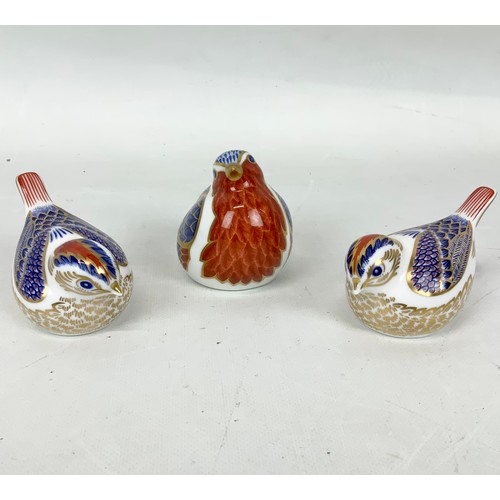 66 - Three Royal Crown Derby birds to include a gold stopper and a silver stopper gold crest, and a silve... 