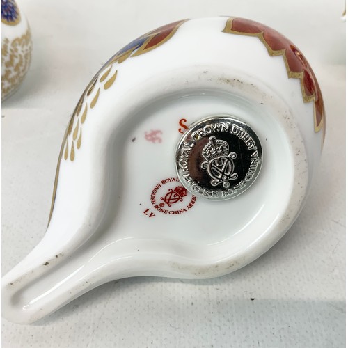 66 - Three Royal Crown Derby birds to include a gold stopper and a silver stopper gold crest, and a silve... 
