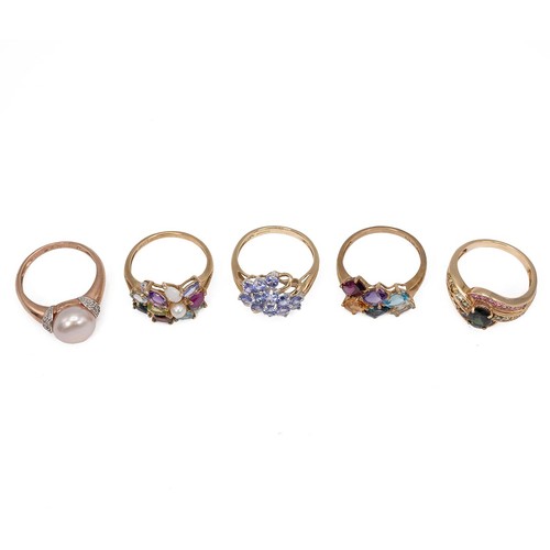 19 - Five 9ct hallmarked gem set rings, two with multi coloured gems size O/P gross weight 15.16g.