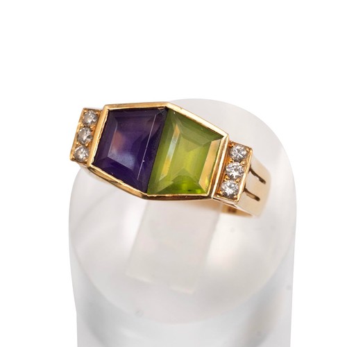 29 - A 14ct gold (tested)Art Deco peridot, amethyst and diamond dress ring in a hexagon shaped mount the ... 