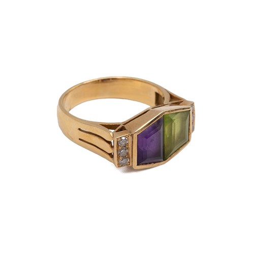 29 - A 14ct gold (tested)Art Deco peridot, amethyst and diamond dress ring in a hexagon shaped mount the ... 