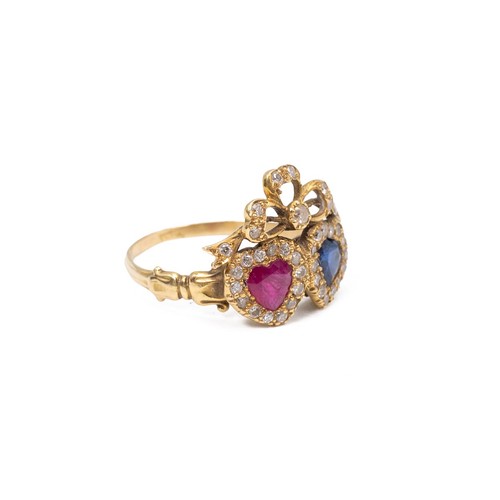 32 - Victorian Ruby, Sapphire and Diamond twin heart ring, circa 1890. with cushioned shaped sapphire, ru... 