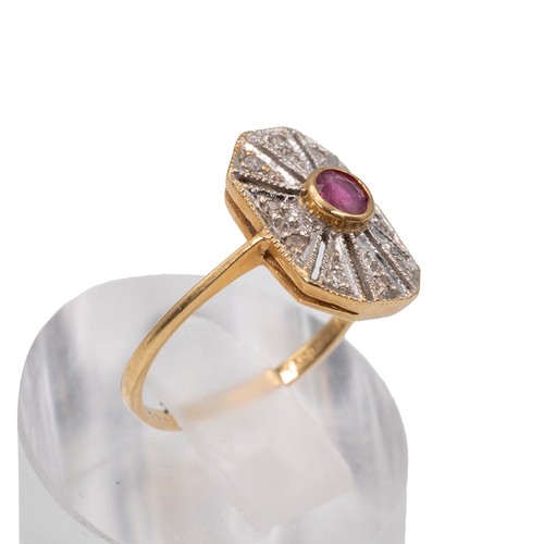 38 - UPDATED DESCRIPTION: An 18ct gold hallmarked Art deco style diamond and ruby ring the central ruby a... 