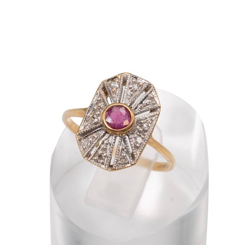 38 - UPDATED DESCRIPTION: An 18ct gold hallmarked Art deco style diamond and ruby ring the central ruby a... 
