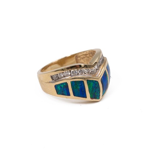 41 - A 14ct gold, diamond and opal doublet ring, the shaped ring set with six opal doublets and sixteen b... 