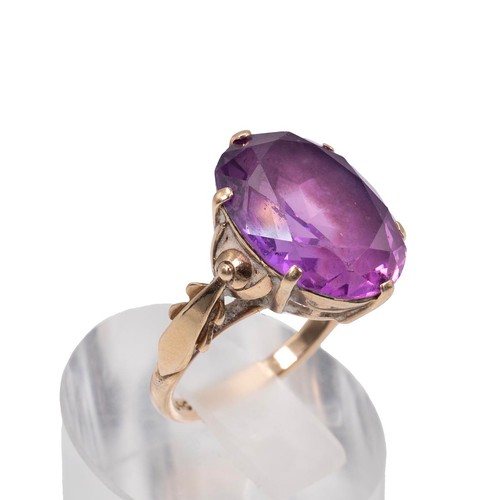 50 - 14ct gold Amethyst dress ring of oval form set in a six claw setting approx 6ct, size M, weight 5.36... 