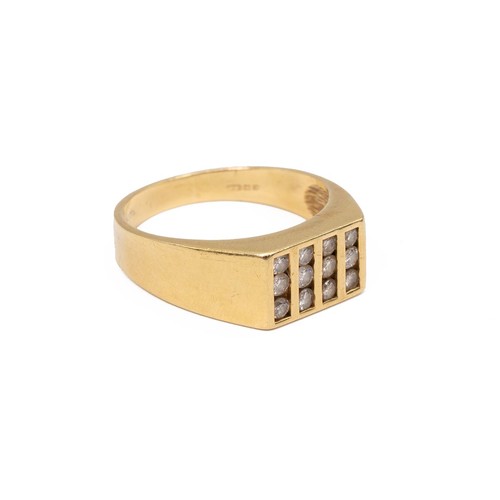 60 - An 18ct gold gentleman's signet ring, the central panel set with 12 brilliant cut diamonds in four s... 