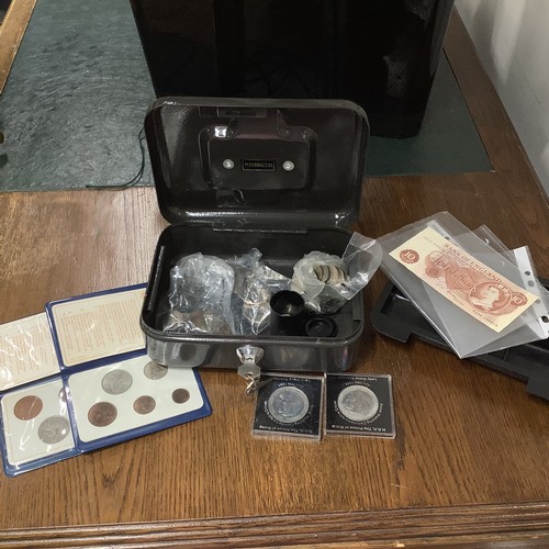 Box of coins and notes, including £5 coins, various decimal coins and ...