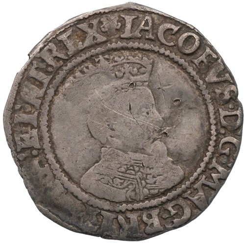 19 - Ireland, James I, first coinage (1603-1604) Sixpence (S 6514), bell (?) mintmark to obverse, rose to... 