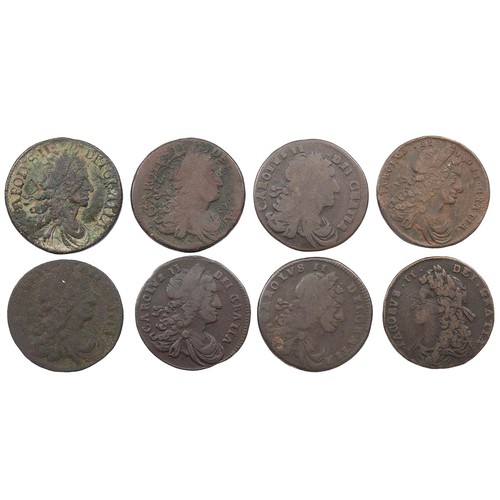 29 - Ireland, Halfpennies (8) - 1680 Charles II, large lettering (S 6574) (2); 1682, small lettering (S 6... 